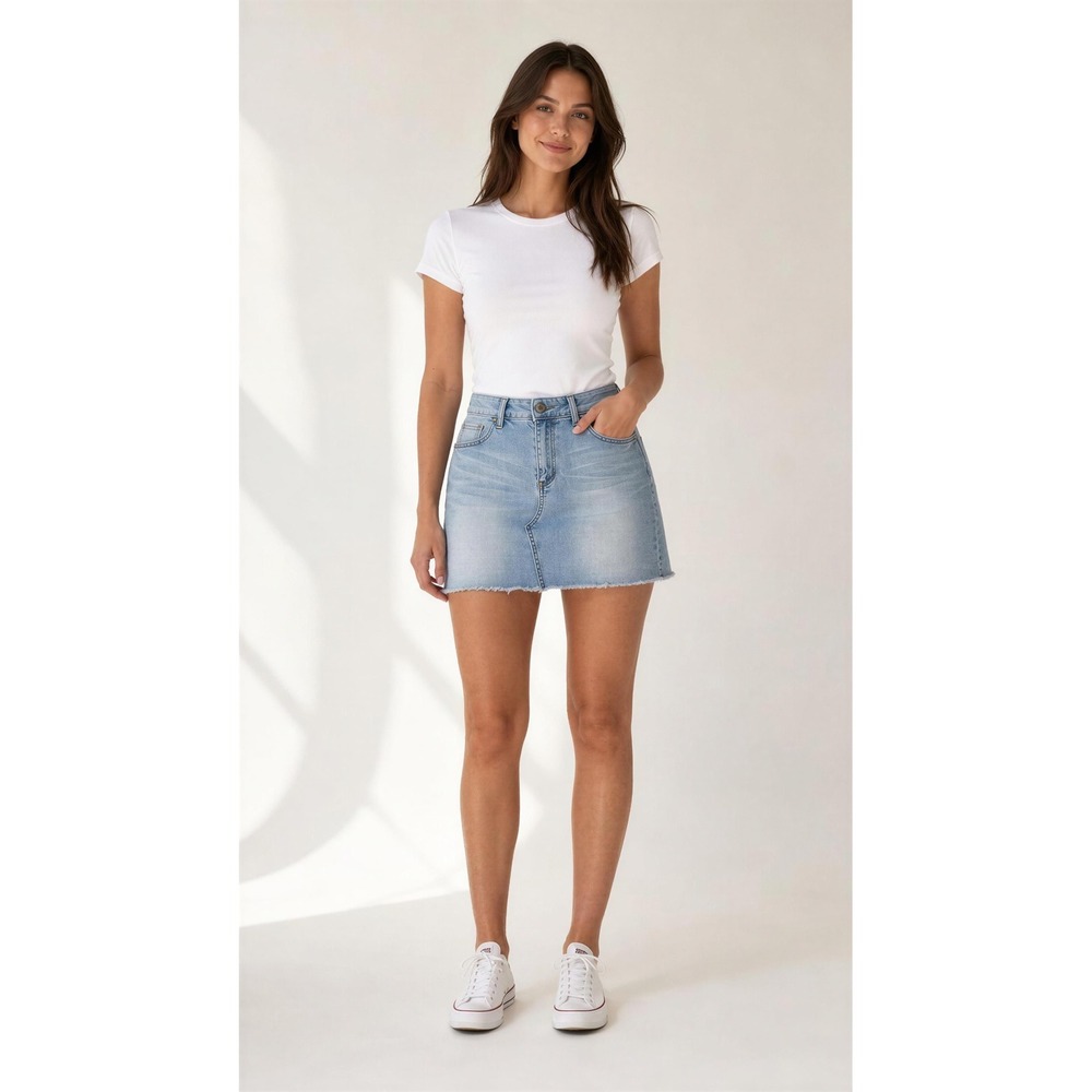Celebrity Pink Light Wash Denim Mini Skirt Raw Hem Size 7/28